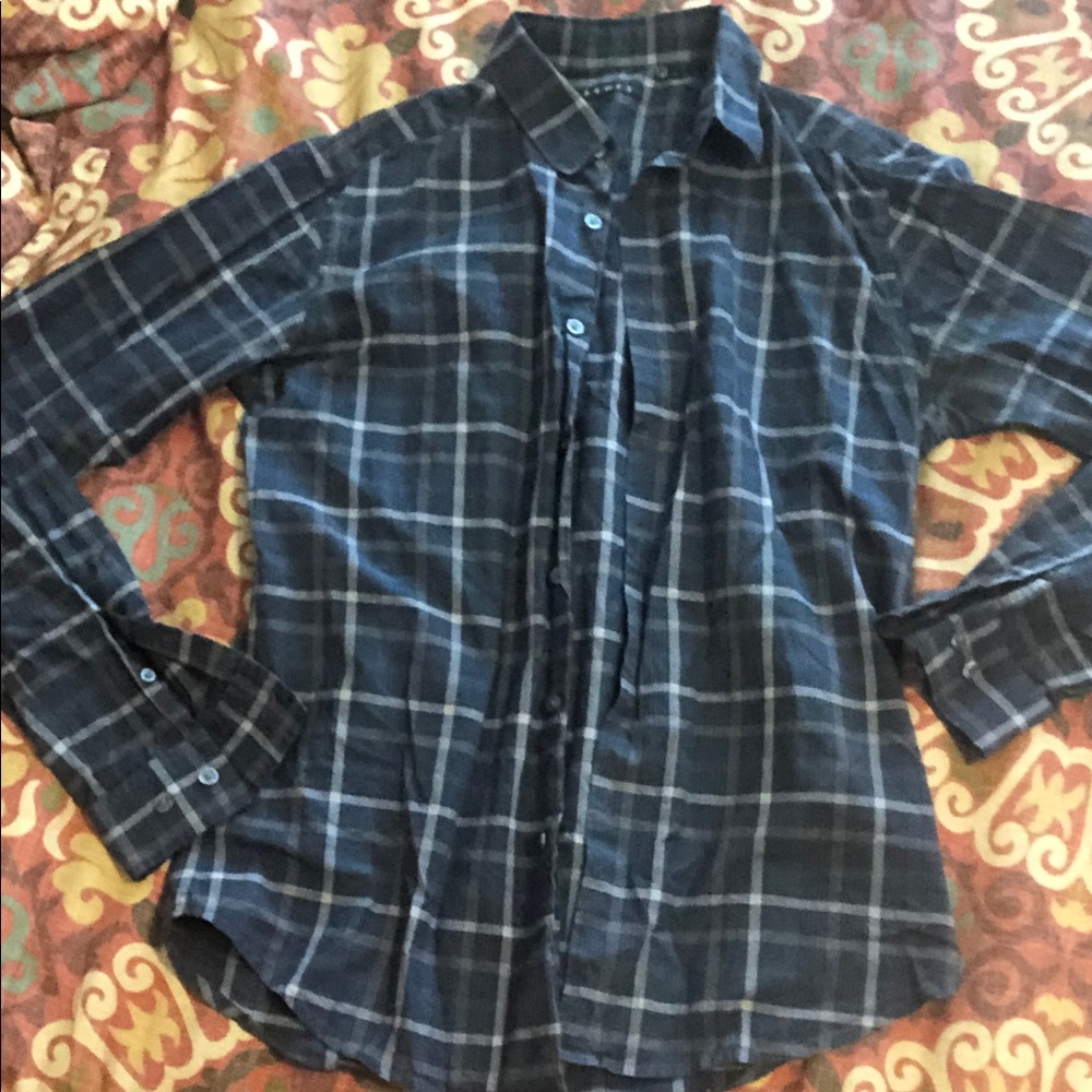 Theory Navy and Gray Plaid Button-Up Shirt